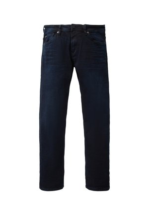 Jean denim bleu foncé à coupe droite avec poches avant et passants de ceinture, présenté sur fond blanc.