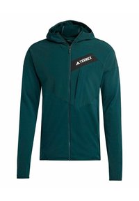 Kapuzensweatjacke mit Reißverschluss in dunklem Teal, mit schwarzer Brusttasche und "TERREX"-Logo, strukturiertem Stoff und enganliegenden langen Ärmeln.