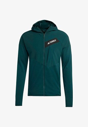 Kapuzensweatjacke mit Reißverschluss in dunklem Teal, mit schwarzer Brusttasche und "TERREX"-Logo, strukturiertem Stoff und enganliegenden langen Ärmeln.