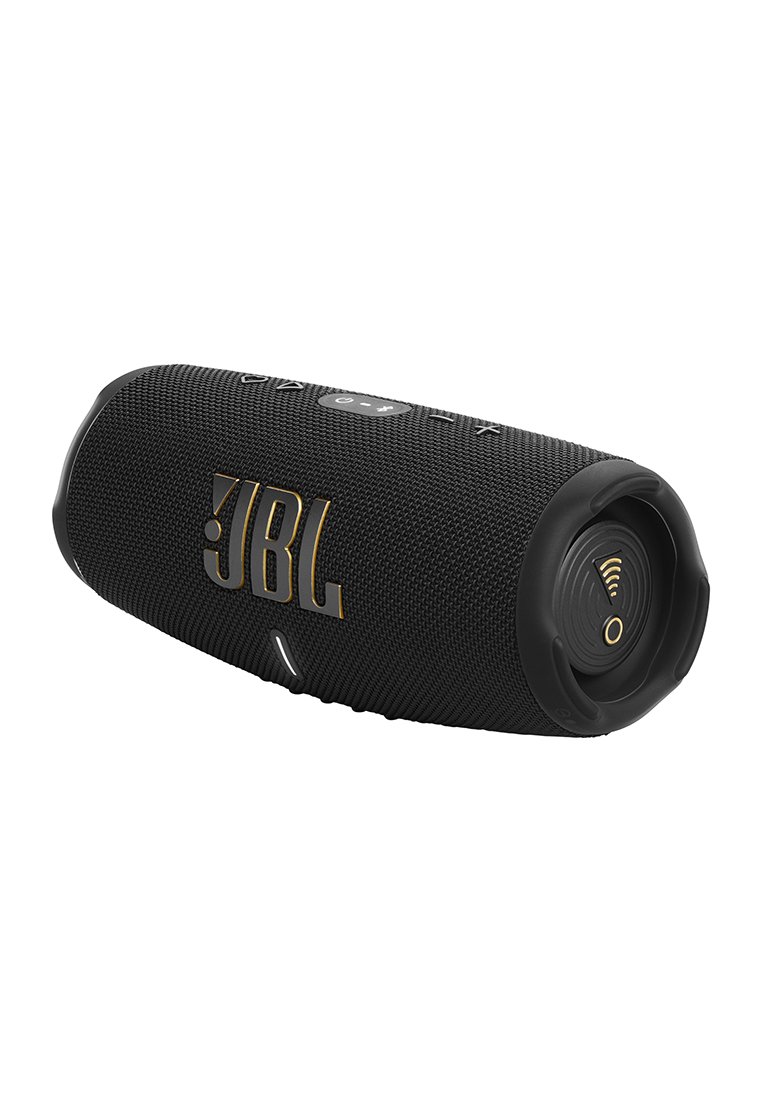 Schwarzer zylindrischer JBL Wireless-Bluetooth-Lautsprecher mit strukturiertem Stoff, Bedienknöpfen oben und passivem Bassstrahler an der Seite.