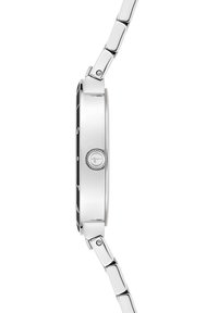 Silberner Edelstahlarmbanduhr mit rundem Gehäuse, strukturiertem Lünette und einem Gliederarmband. Verfügt über einen hervorgehobenen Seitenschalter und eine glatte Oberfläche.
