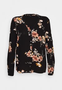 Schwarzes Langarmshirt mit einem floralen Muster in verschiedenen Nuancen von Rosa, Orange und Weiß; mit durchgehender Knopfleiste und V-Ausschnitt.