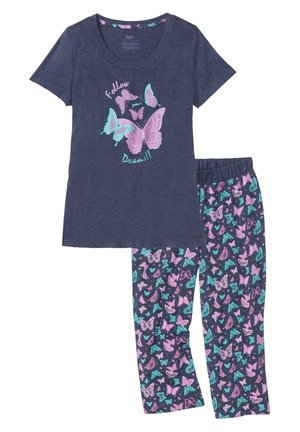 Ensemble de pyjama en coton navy comprenant un haut à manches courtes avec un imprimé papillon et un pantalon orné d'un motif de papillons multicolores.