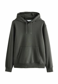 Mørkegrøn hættetrøje lavet af blødt stof, med en frontlomme, snoretræk i hætten, ribbede manchetter og kant samt et minimalistisk design.