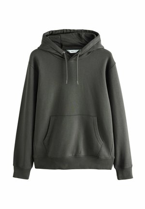 Tmavě zelená mikina s kapucí vyrobená z měkkého materiálu, s přední kapsou, stahovací kapucí, žebrovanými manžetami a lemem, s minimalistickým designem.