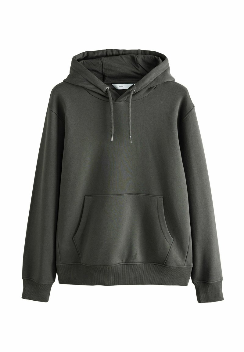 Mørkegrøn hættetrøje lavet af blødt stof, med en frontlomme, snoretræk i hætten, ribbede manchetter og kant samt et minimalistisk design.