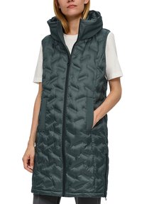 Kapuzensleeveless-Weste in dunkelblaugrün, aus gestepptem Stoff mit glatter Textur, mit einem vorderen Reißverschluss und seitlichen Taschen.