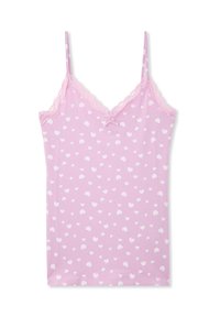 Camisetta rosa con motivo a cuori bianchi, bordo in pizzo lungo il colletto e spalline regolabili. Materiale morbido e elasticizzato.