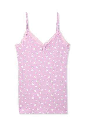 Camisetta rosa con motivo a cuori bianchi, bordo in pizzo lungo il colletto e spalline regolabili. Materiale morbido e elasticizzato.