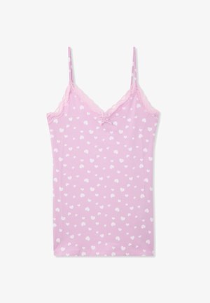 Camisetta rosa con motivo a cuori bianchi, bordo in pizzo lungo il colletto e spalline regolabili. Materiale morbido e elasticizzato.