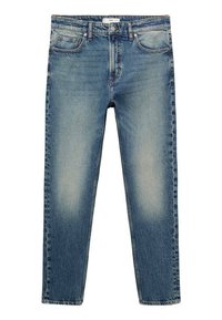 Lichtblauwe denim jeans met een vervaagde wassing, rechte pijpen, vijf zakken en contrasterende stiksels. Voorzien van een knoopsluiting aan de voorkant.