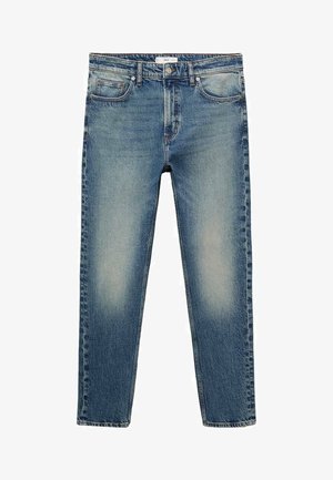 Lichtblauwe denim jeans met een vervaagde wassing, rechte pijpen, vijf zakken en contrasterende stiksels. Voorzien van een knoopsluiting aan de voorkant.