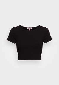 Top preto cropped feito de tecido canelado com mangas curtas e decote redondo. Etiqueta "EDITED" visível dentro do colarinho.