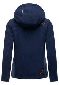 Navy blue fleece jacket with a hood, featuring a logo on the shoulder and an orange accent on the hem. Smooth texture and tailored shape.