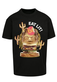 Črna majica s grafiko hamburgerja s pomfriji, obrazom in napisom "EAT LIT!" z dolarjem. Drzen, barvit dizajn.