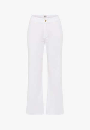 White, flared trousers made of cotton with a front button closure and belt loops, featuring a smooth texture and tailored design.