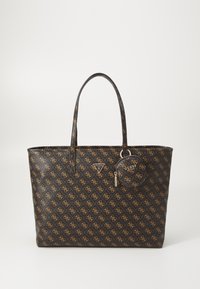 Black patterned tote bag with gold logo accents, featuring two long handles and a detachable smaller pouch. Textured synthetic material.