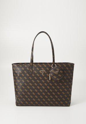 Sac fourre-tout noir à motifs avec accents de logo doré, doté de deux longues poignées et d'une pochette amovible plus petite. Matériau synthétique texturé.