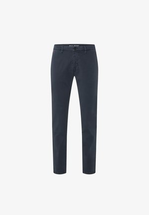 Marineblauwe katoenen chinos met een slim fit, voorzien van een knoopsluiting, voorzakken en riemlussen. Gedenatureerde textuur en minimale details.