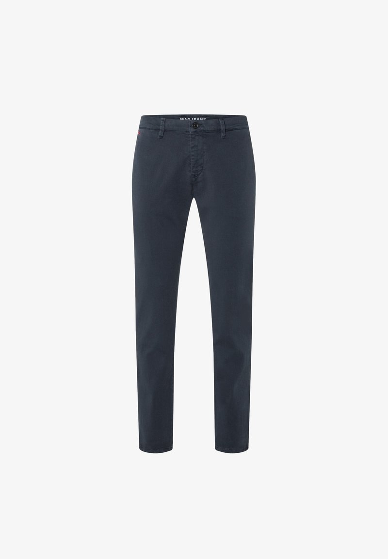 Marinefarbene Baumwoll-Chinos mit Slim-Fit, mit Knopfverschluss, Fronttaschen und Gürtelschlaufen. Glatte Textur und minimale Details.