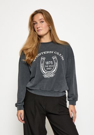Grå sweatshirt med avslappnad passform, med ett vitt grafiskt mönster av en hästsko och texten "WESTERN CLUB 1875 THE WILD ONES" på framsidan.