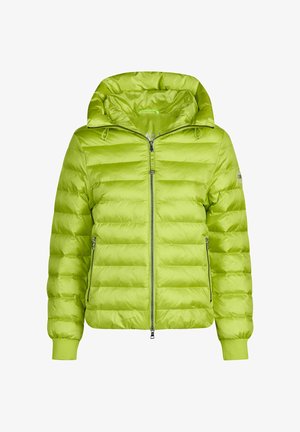 Light green quilted puffer jacket with high collar, front zipper, zippered side pockets, and ribbed cuffs.