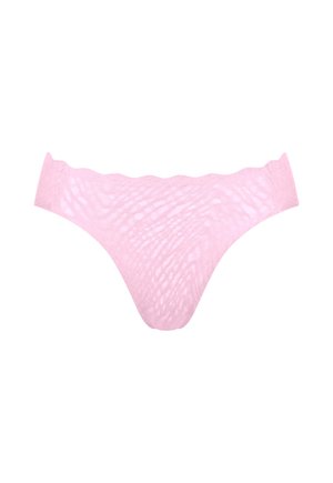 Γυναικείο εσώρουχο μπικίνι από ανοιχτό ροζ δαντέλα με κυματιστό τελείωμα και ημιδιαφανές φλοράλ σχέδιο.