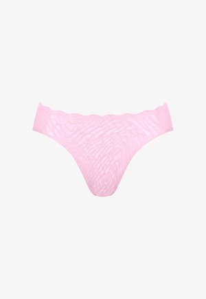 Γυναικείο εσώρουχο μπικίνι από ανοιχτό ροζ δαντέλα με κυματιστό τελείωμα και ημιδιαφανές φλοράλ σχέδιο.