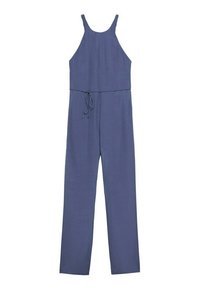 Mono azul marino con tirantes ajustables, cintura con cordón y pantalones de pierna ancha. Hecho de una tela ligera y texturizada.