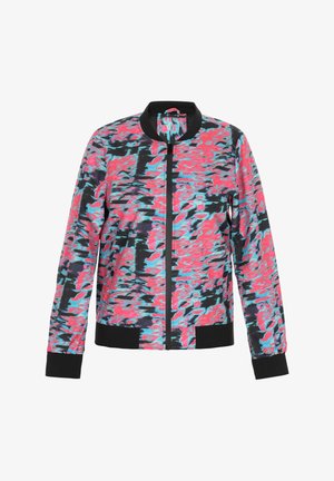 Farverig bomberjakke med sort base og et bølget mønster i pink og cyan, ribbet krave, manchetter og talje, front-lynlås.