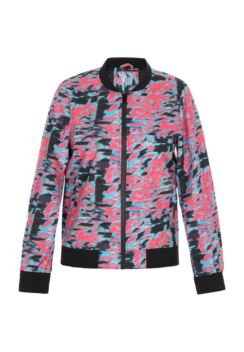 Jachetă bomber colorată, cu o bază neagră și un model ondulat în nuanțe de roz și cyan, guler, manșete și talie ribbed, cu închidere prin fermoar în față.