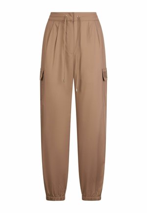 Pantalon cargo marron avec taille à cordon, poches latérales, poignets élastiques et texture lisse. Tissu léger et coupe ample.