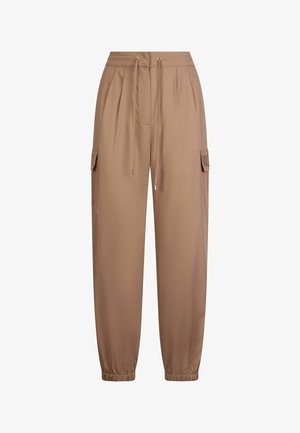 Pantalon cargo marron avec taille à cordon, poches latérales, poignets élastiques et texture lisse. Tissu léger et coupe ample.