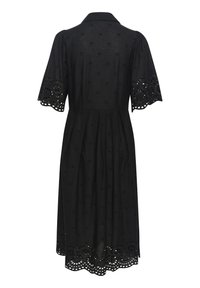 Black dress with short, puffed sleeves, embroidered floral details, and a scalloped lace hem. Made of soft, lightweight fabric.