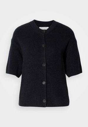 Svart kortermet strikket cardigan med rund hals og fem frontknapper, med et teksturert ribbestrikket mønster.