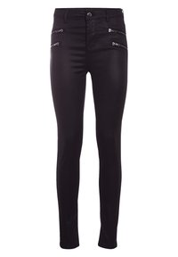 Jeans skinny noirs en tissu sleek présentant des zippers décoratifs sur les poches avant. Texture lisse et design ajusté.