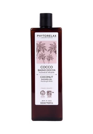 Kokosdouchegel in een rechthoekige donkerbruine fles met een zwarte dop. Heeft een roze etiket met palmboomillustraties en productdetails.