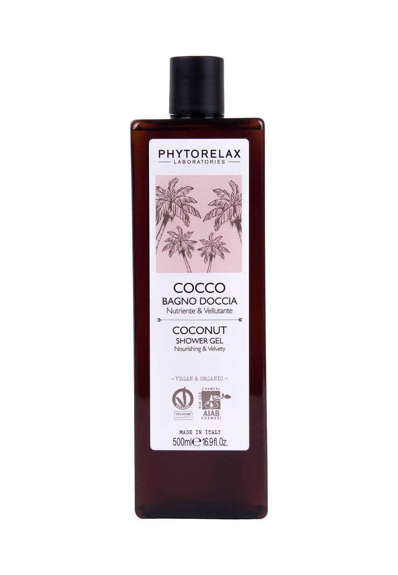 Gel doccia al cocco in una bottiglia rettangolare di colore marrone scuro con un tappo nero. Presenta un'etichetta rosa con illustrazioni di palme e dettagli del prodotto.