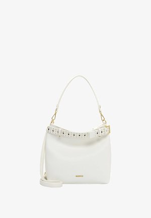 Bolso de mano de cuero blanco con parte superior curva, textura suave y correa de hombro desmontable. Presenta un detalle de hebilla con tachuelas y herrajes dorados.