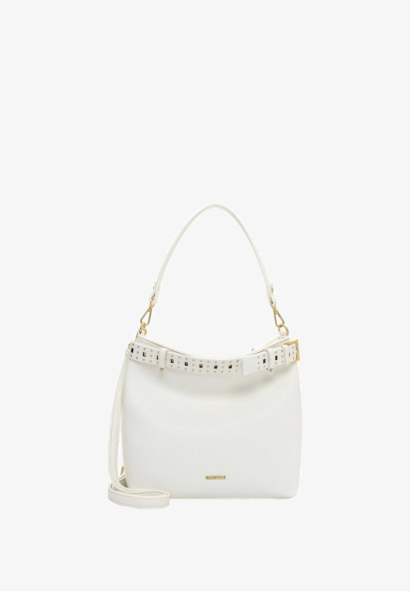 Balta ādas rokas soma ar izliekta augšdaļu, gludu tekstūru un noņemamu plecu siksnu. Ar dekoratīvu kniežu sprādzes detaļu un zelta metāla akcentiem.