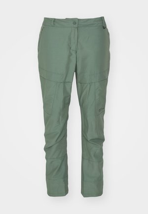 Pantalons de plein air vert clair en tissu respirant, dotés de plusieurs poches, d'une taille standard et de jambes fuselées pour plus de mobilité.