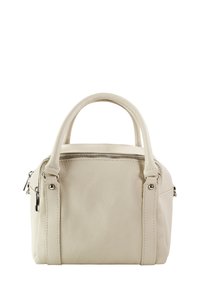 Kleine crèmekleurige leren handtas met twee korte handvatten, een ritssluiting en ritssluitingen aan de zijkanten. Getextureerd oppervlak met subtiele stiksel details.