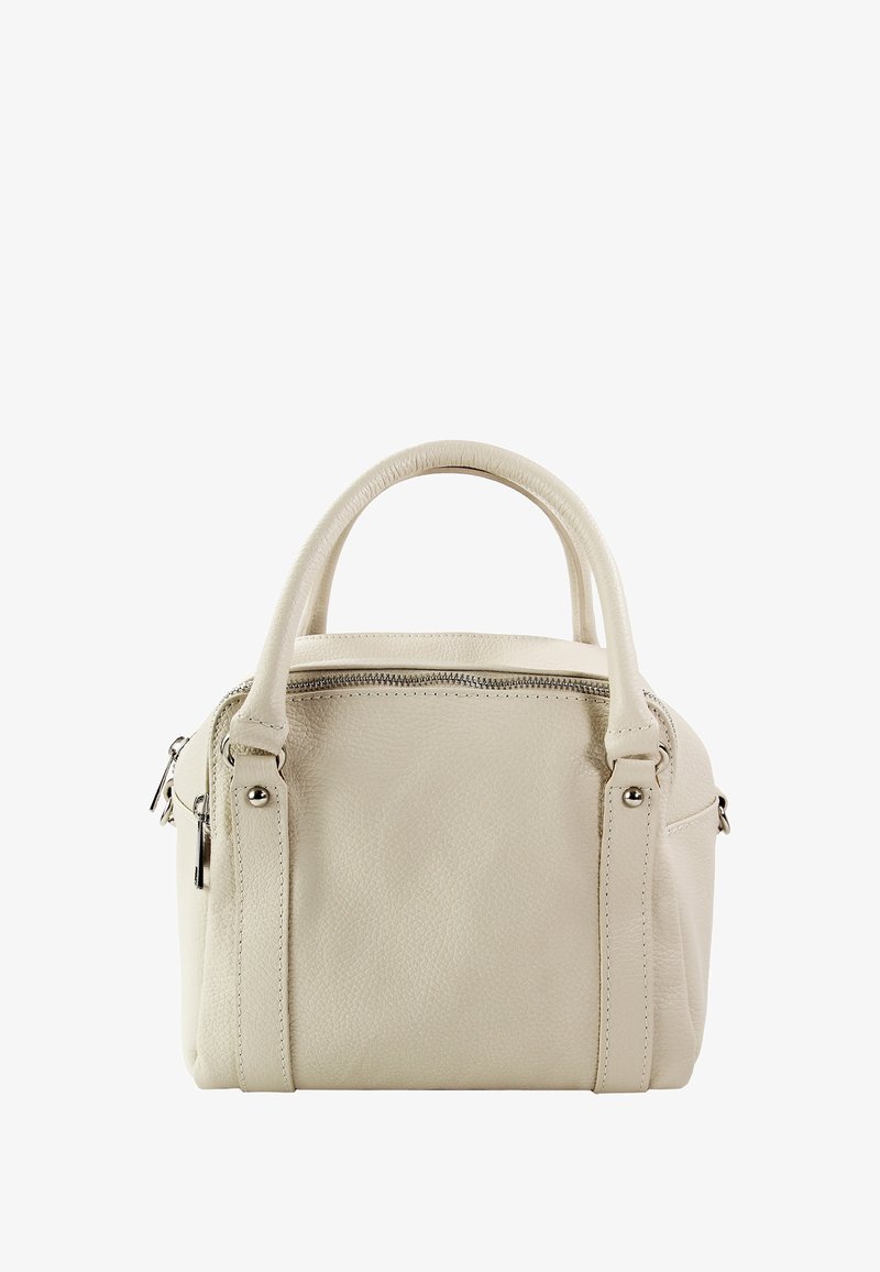 Kleine crèmekleurige leren handtas met twee korte handvatten, een ritssluiting en ritssluitingen aan de zijkanten. Getextureerd oppervlak met subtiele stiksel details.