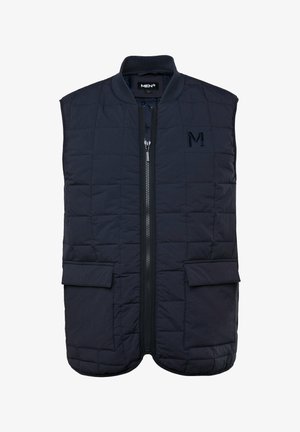 Granatowa pikowana kamizelka z zamkiem z przodu, żebrowanym kołnierzem i dwoma kieszeniami z przodu. Posiada wyhaftowane logo na piersi. Lekki i teksturowany materiał.