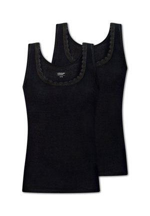 Zwei schwarze ärmellose Damen-Tanktops mit gewelltem Spitzenbesatz rund um den Rundhalsausschnitt, auf weißem Hintergrund übereinander gelegt.