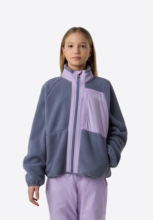 Veste en polaire aux tons dégradés de violet, dotée d'un col montant, d'une fermeture éclair et de panneaux en tissu contrasté. Adaptée pour une utilisation en extérieur.
