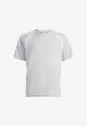 Biała sportowa koszulka Adidas z krótkim rękawem, okrągłym dekoltem i subtelnym logo na piersi, zaprojektowana dla oddychającego komfortu.