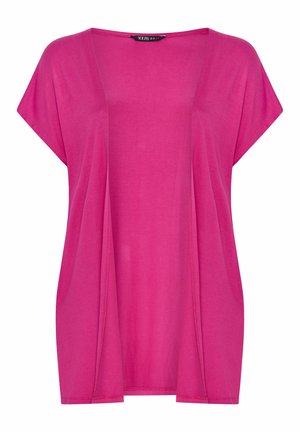 Lyserød kortærmet løs cardigan med åben front, syninger langs kanterne og rund halsudskæring.