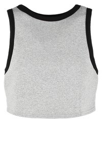 Harmaa crop-top, joka on valmistettu tiukasta kankaasta ja jossa on pyöreä pääntie sekä musta reunus reunoilla. Pehmeä ei-kuviollinen pinta.