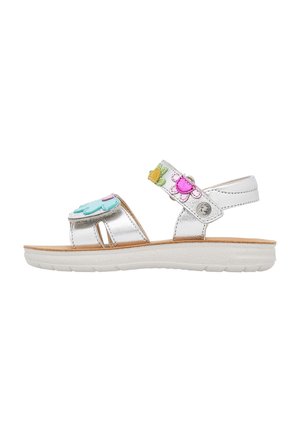 Sandali metallici argento con applicazioni floreali in rosa, verde e giallo. Le cinghie regolabili e la suola in gomma bianca offrono comfort.